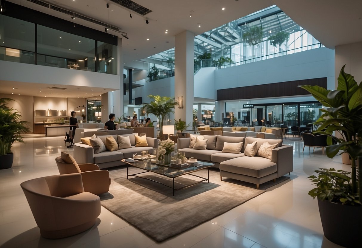 Plaza Singapura furniture store: Brightly lit showroom with modern sofas, tables, and chairs. Customers browsing and sales staff assisting