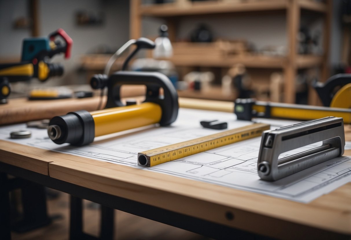 A workshop table with PVC pipes, measuring tape, and a saw. A sketch of PVC furniture plans on a drafting board
