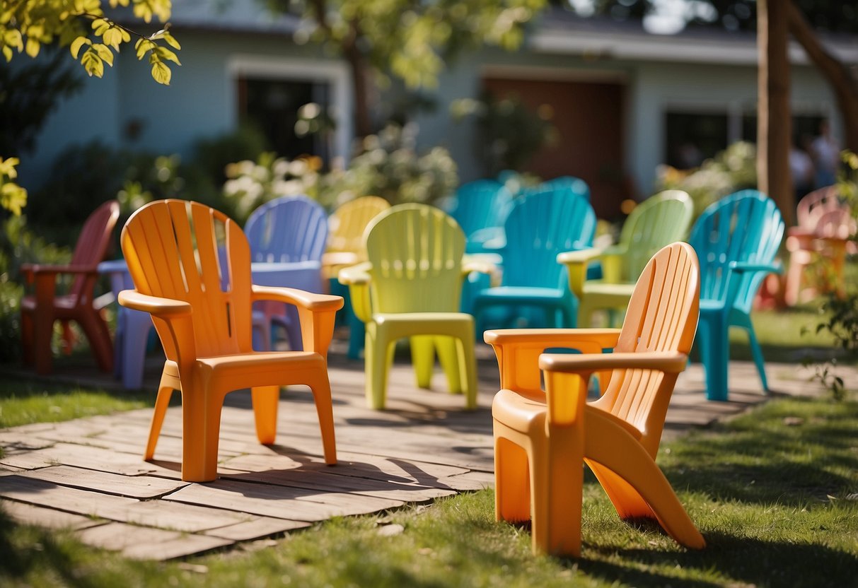 A sunny outdoor scene with a colorful array of recycled plastic furniture, showcasing durability and eco-friendly benefits