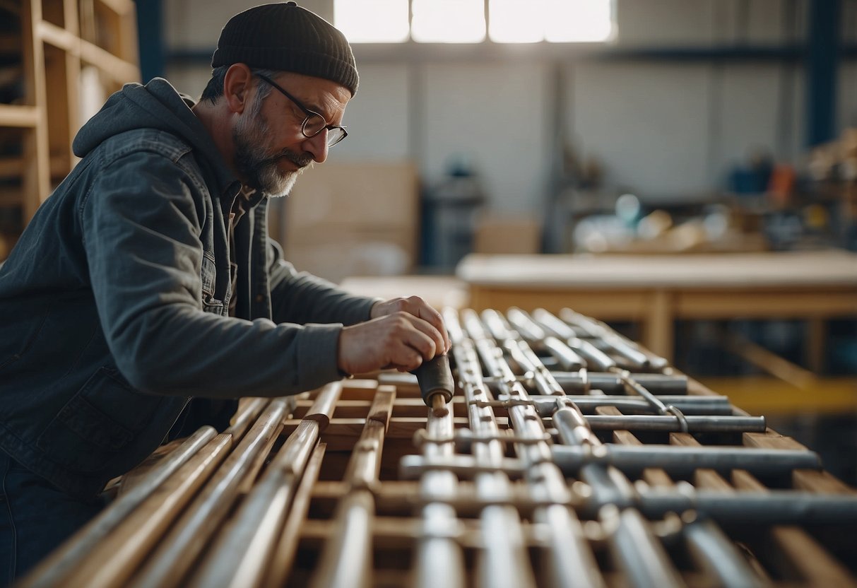 A person assembles PVC furniture using a hammer and nails. Finished pieces are arranged neatly in a well-lit workshop