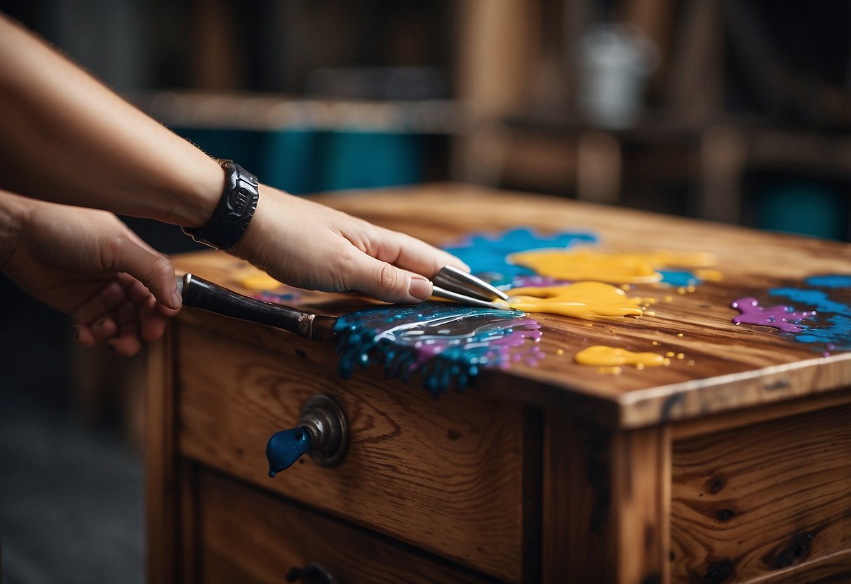A hand holding a paintbrush applies resin paint to a wooden furniture piece, adding finishing touches with precision and care