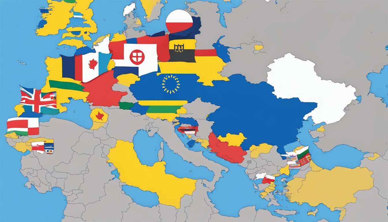 A map with TYR flag and Ukraine highlighted, surrounded by flags of other countries, showing international support and positions