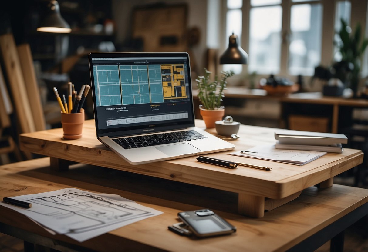 A workshop table with a laptop open to a webpage titled "Frequently Asked Questions PVC Furniture Plans," surrounded by tools, measuring tape, and sketches