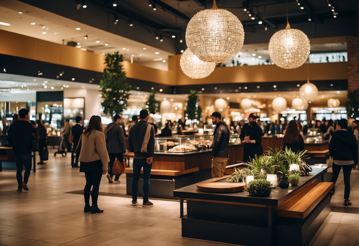 The bustling plaza is filled with modern furniture stores and shoppers browsing. Bright lights and sleek displays create a lively shopping experience