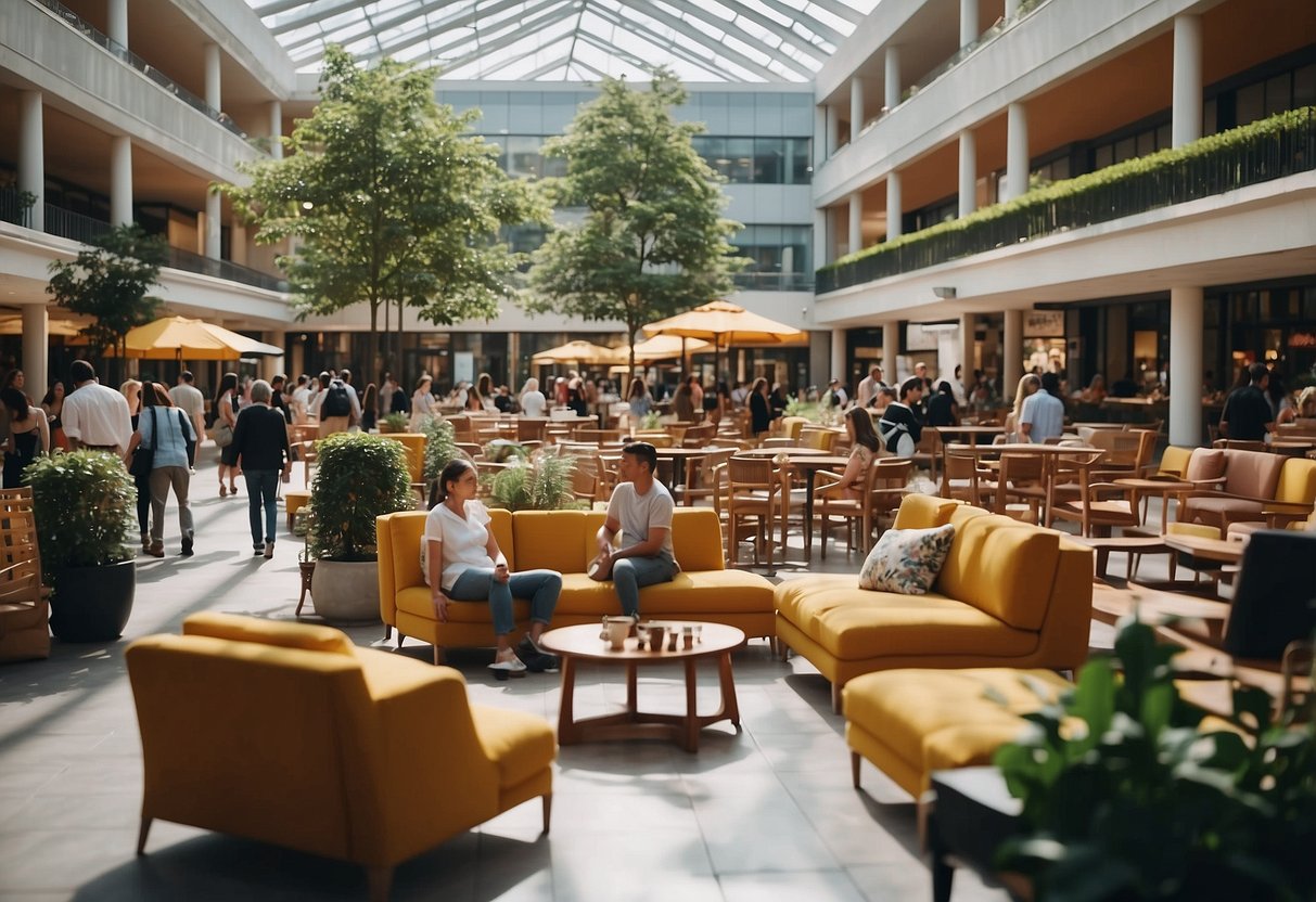 A bustling plaza with modern furniture displays, surrounded by curious shoppers