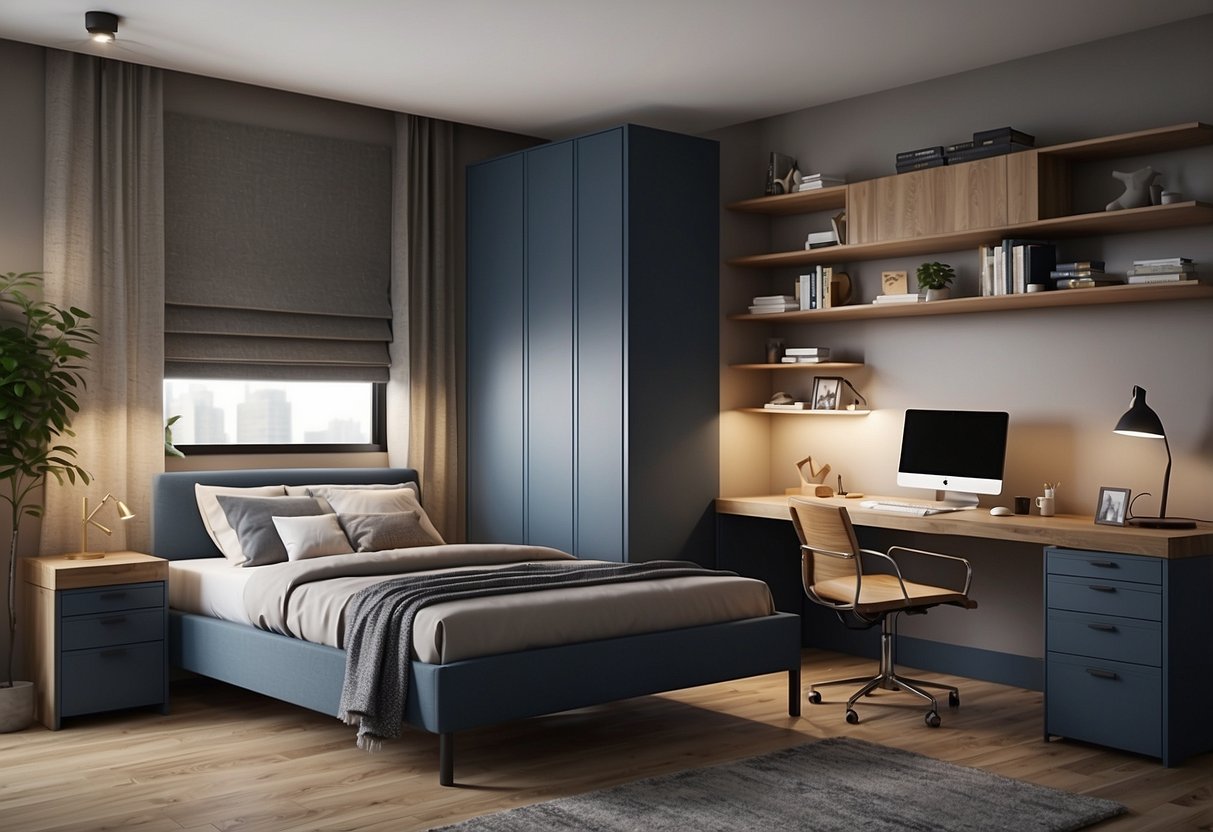 The L-shaped bedroom furniture is arranged with a bed against one wall and a desk or dresser against the adjacent wall