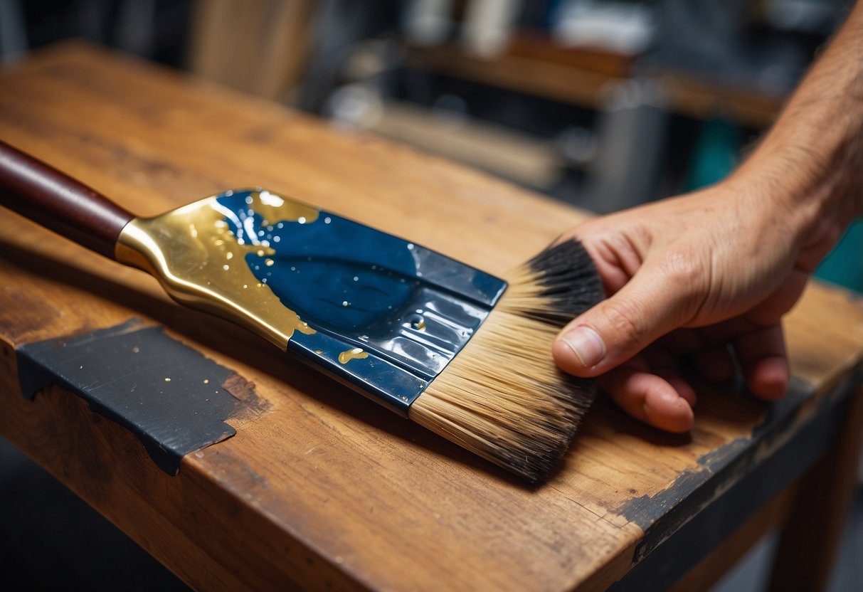 A hand holding a paintbrush applies resin paint to a wooden furniture piece, with FAQ text in the background