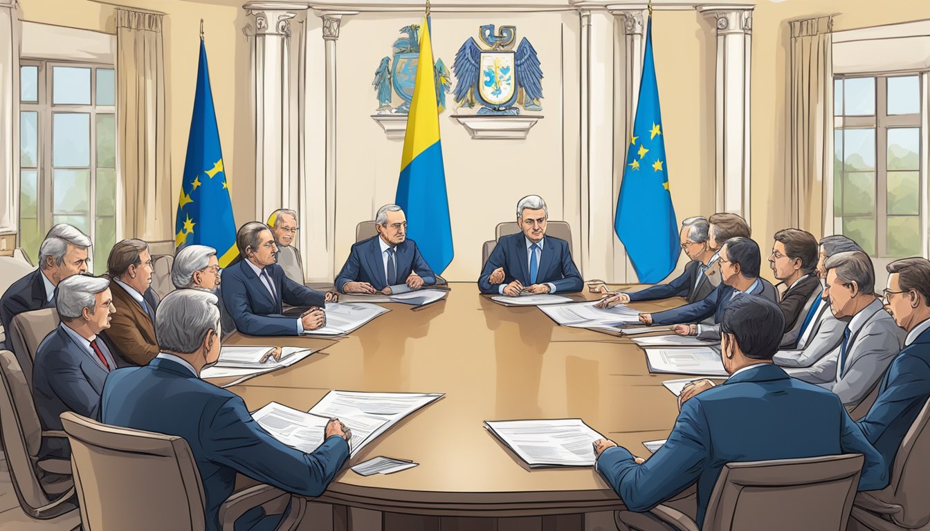 Political leaders discuss Ukraine with flags and documents on a conference table. Diplomatic gestures and handshakes show support