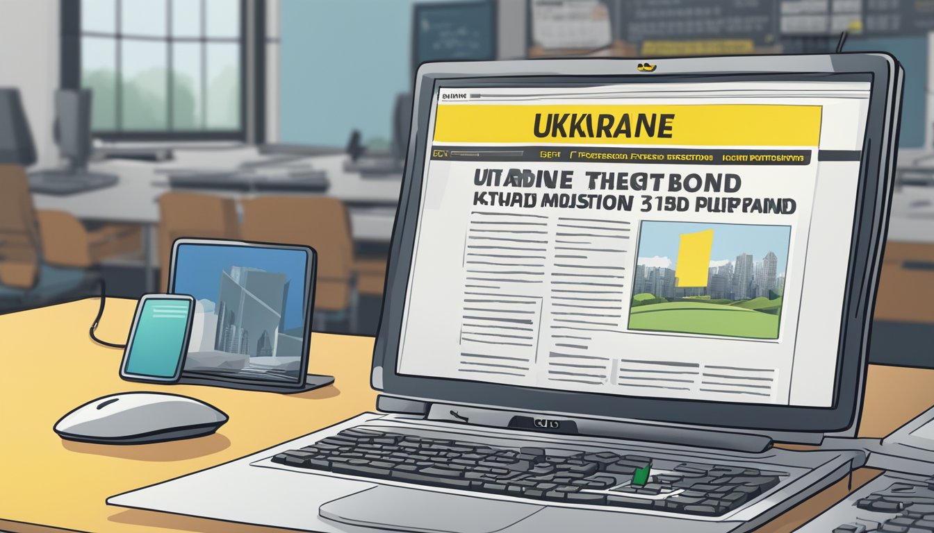 A computer screen displays conflicting headlines about Ukraine while a keyboard and mouse are positioned nearby