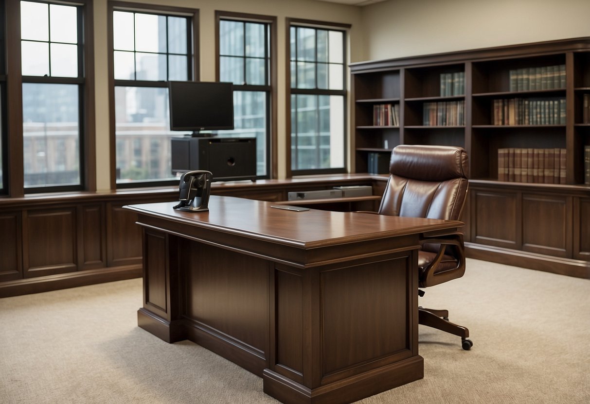 The court's office furniture includes a large wooden desk with a computer, a high-backed leather chair, and a bookshelf filled with legal volumes