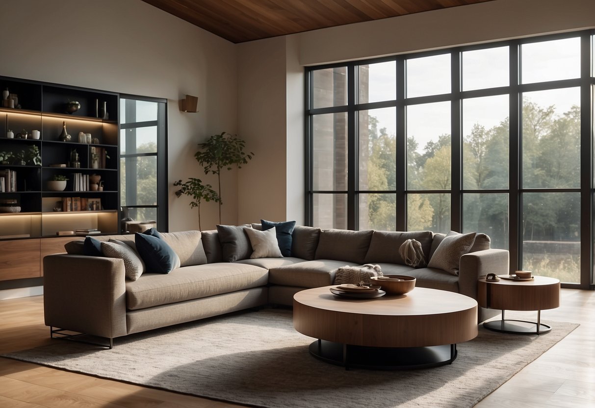 A spacious living room with custom built furniture, including a sleek wooden coffee table, a plush sectional sofa, and a modern entertainment center
