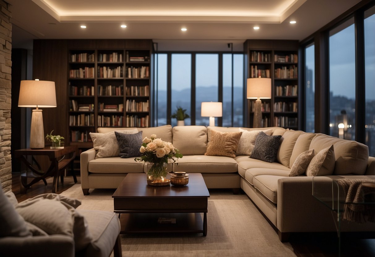 A cozy living room with a plush sofa, elegant coffee table, and ornate bookshelves, all surrounded by warm, inviting lighting
