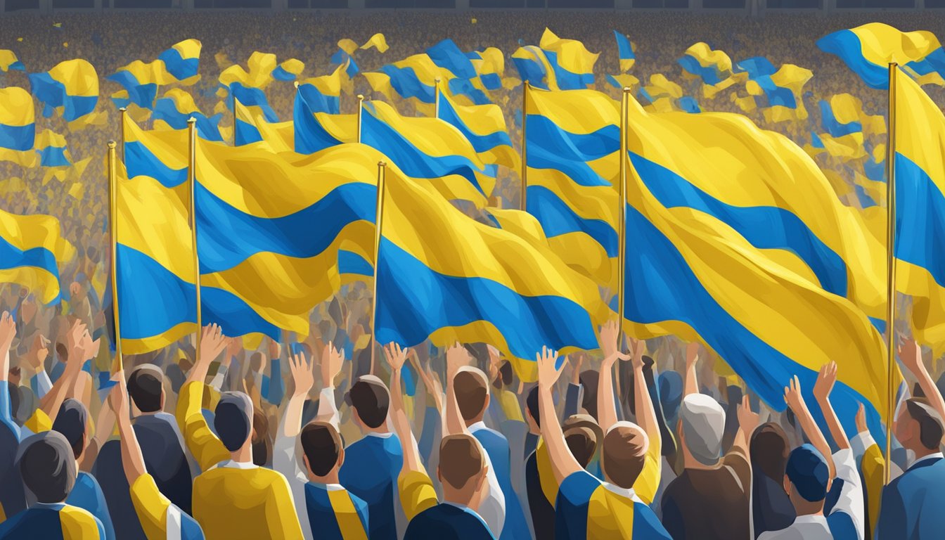 A crowd waves Ukrainian flags at an Arena event