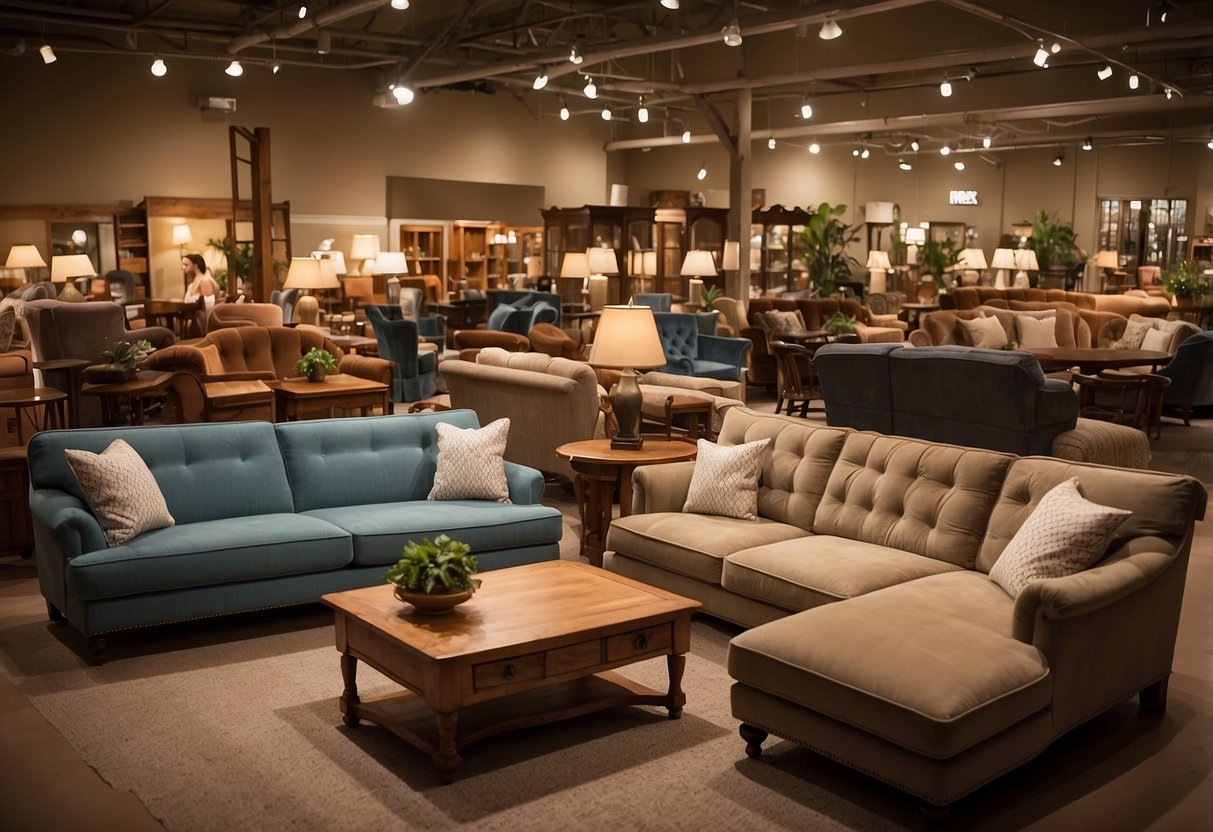 The depot furniture store is bustling with customers browsing through rows of sofas, tables, and chairs. Bright lights illuminate the showroom, casting a warm glow on the polished wood and plush fabrics