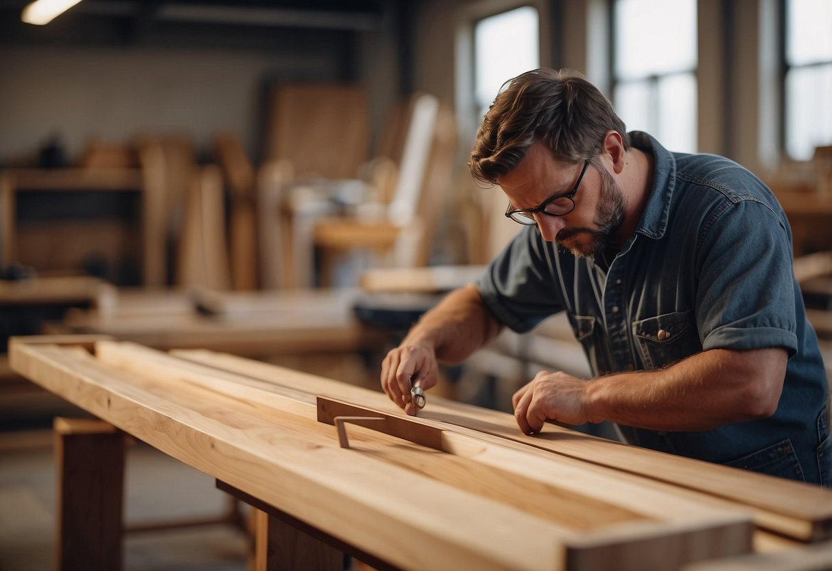 A carpenter carefully measuring and cutting wood for a custom-built furniture piece in a well-lit workshop