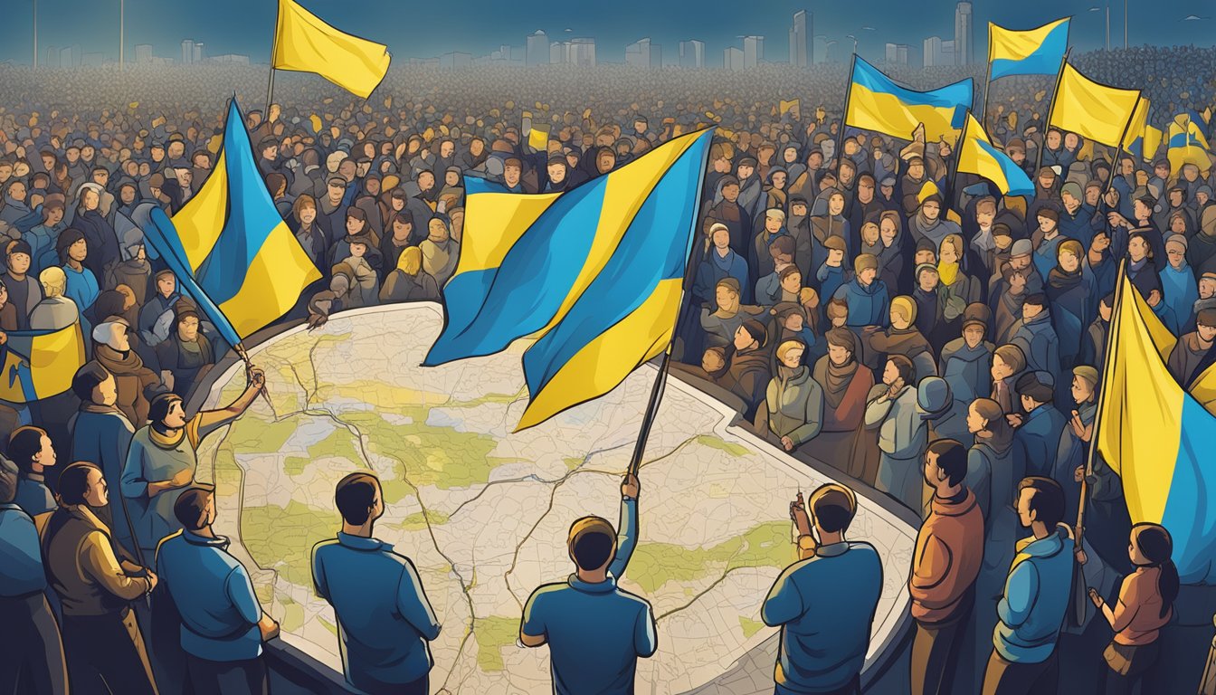 A map of Ukraine with a spotlight shining on it, surrounded by a crowd of people holding signs and flags in support