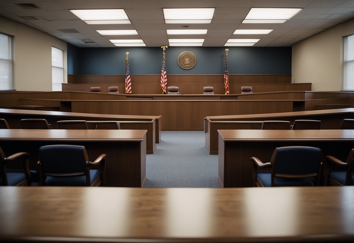 A courtroom with a judge's bench, witness stand, jury box, and lawyer's tables, all arranged in a formal and orderly manner