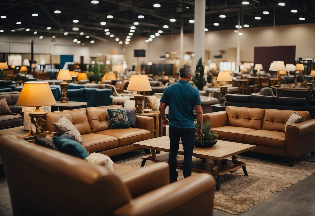 Customers browsing aisles of Depot Furniture Store, admiring various offerings from sofas to dining sets