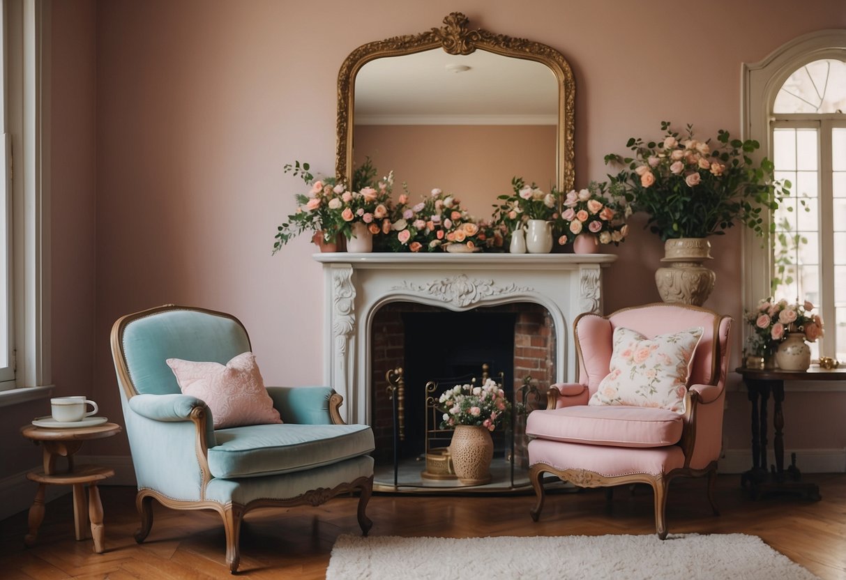 A cozy living room with vintage furniture, floral patterns, and pastel colors. A large, ornate mirror hangs above a rustic fireplace, while a plush armchair sits next to a quaint side table