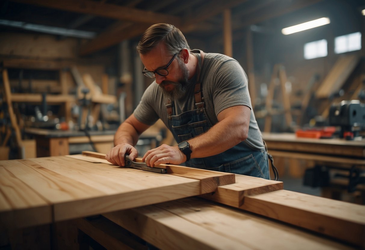 A carpenter measures and cuts wood for a custom-built furniture piece in a workshop filled with various tools and materials