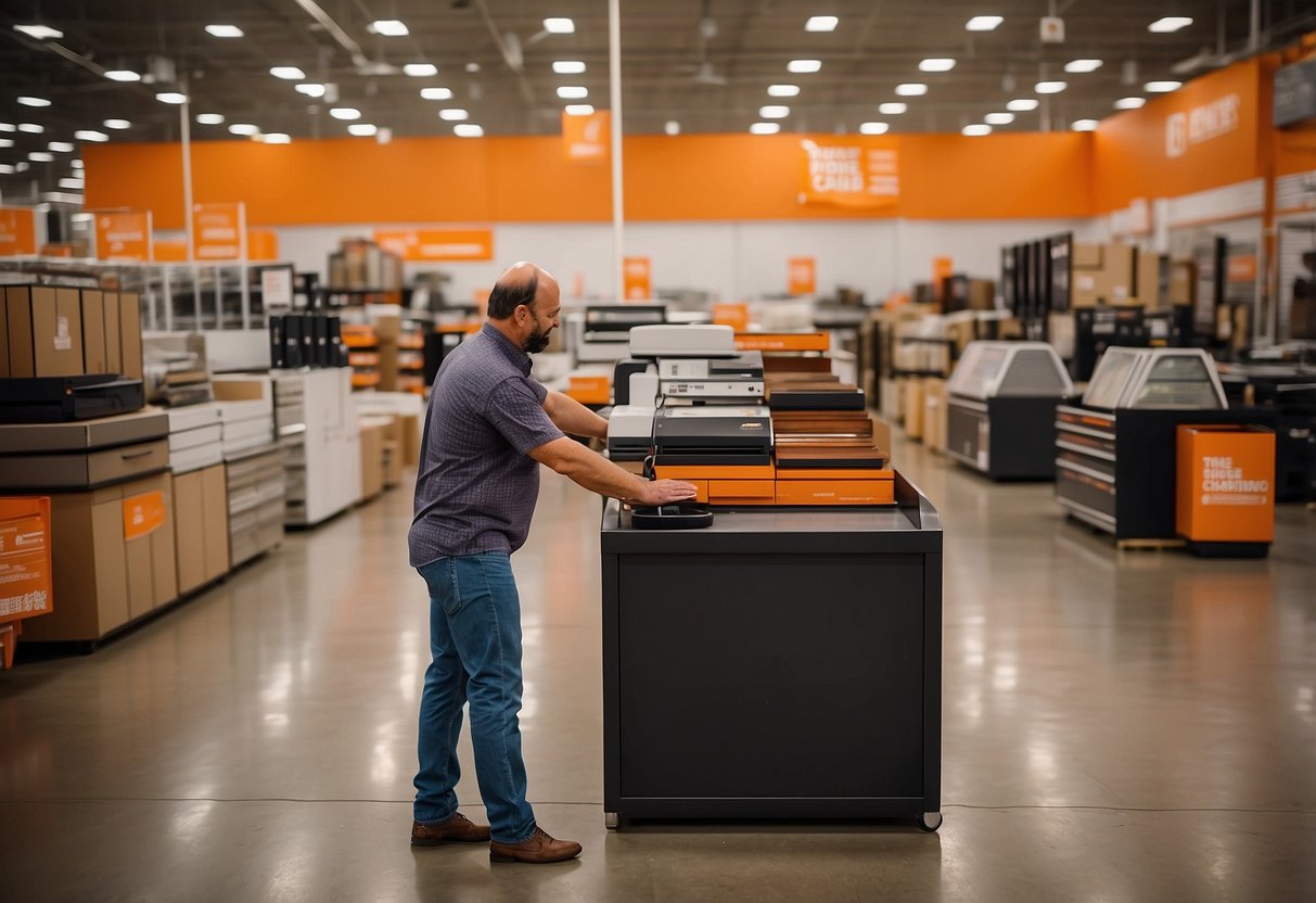 A customer carefully selects furniture at Home Depot, comparing styles and prices. Displays showcase a variety of options, while helpful staff offer advice