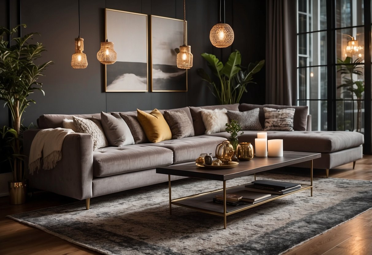 A cozy living room with a plush sofa, a stylish coffee table, and a statement rug. The room is adorned with chic lighting fixtures and adorned with trendy wall art