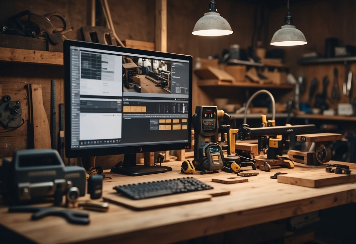 A workshop filled with tools and materials, a craftsman measuring and cutting wood, a computer with a list of frequently asked questions about custom built furniture displayed on the screen