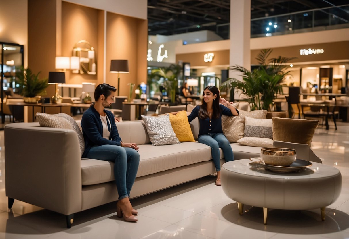 Customers browse modern furniture displays at Tiba Mall Divano Furniture, New Cairo. Bright lighting and spacious layout create a welcoming atmosphere