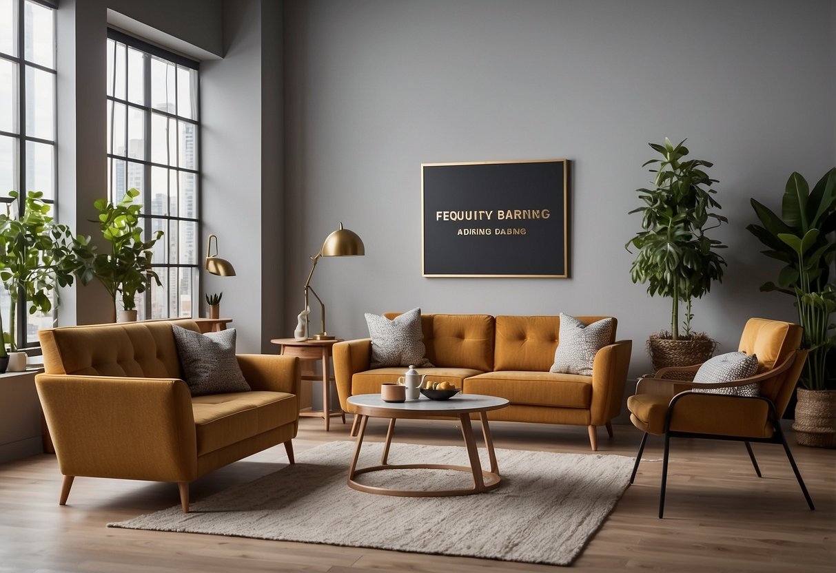 A room with various stylish furniture pieces. A sign reads "Frequently Asked Questions darling furniture" on the wall