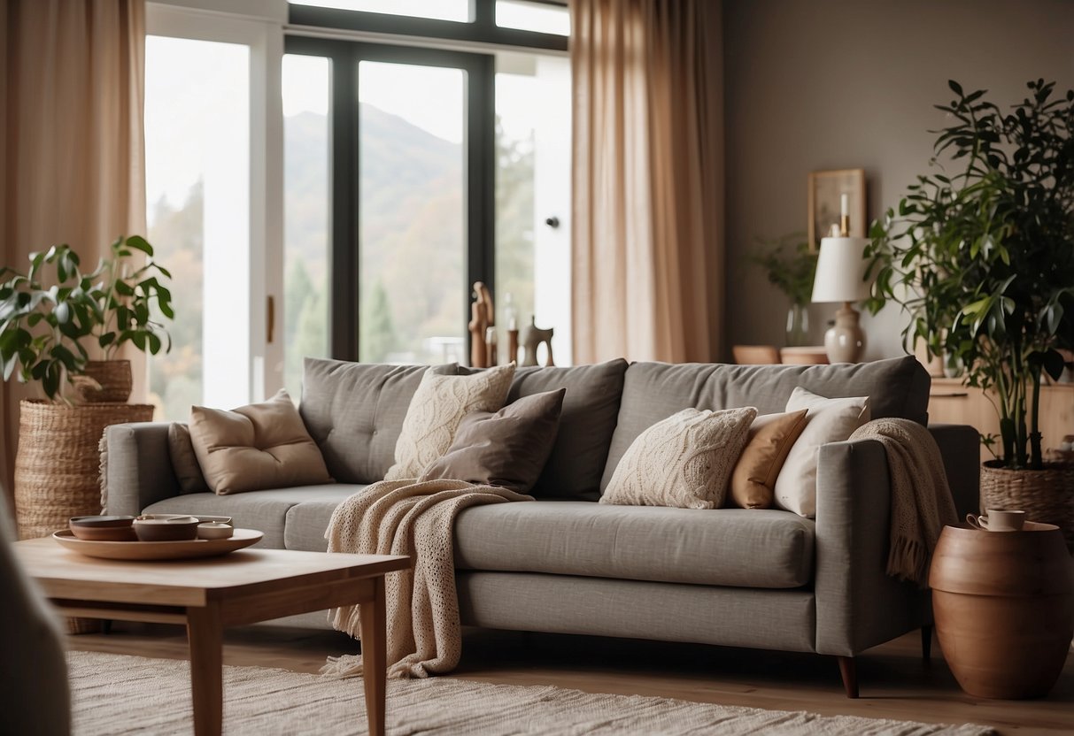 A cozy living room with an SB Furniture sofa bed as the focal point, surrounded by soft throw pillows and a warm blanket