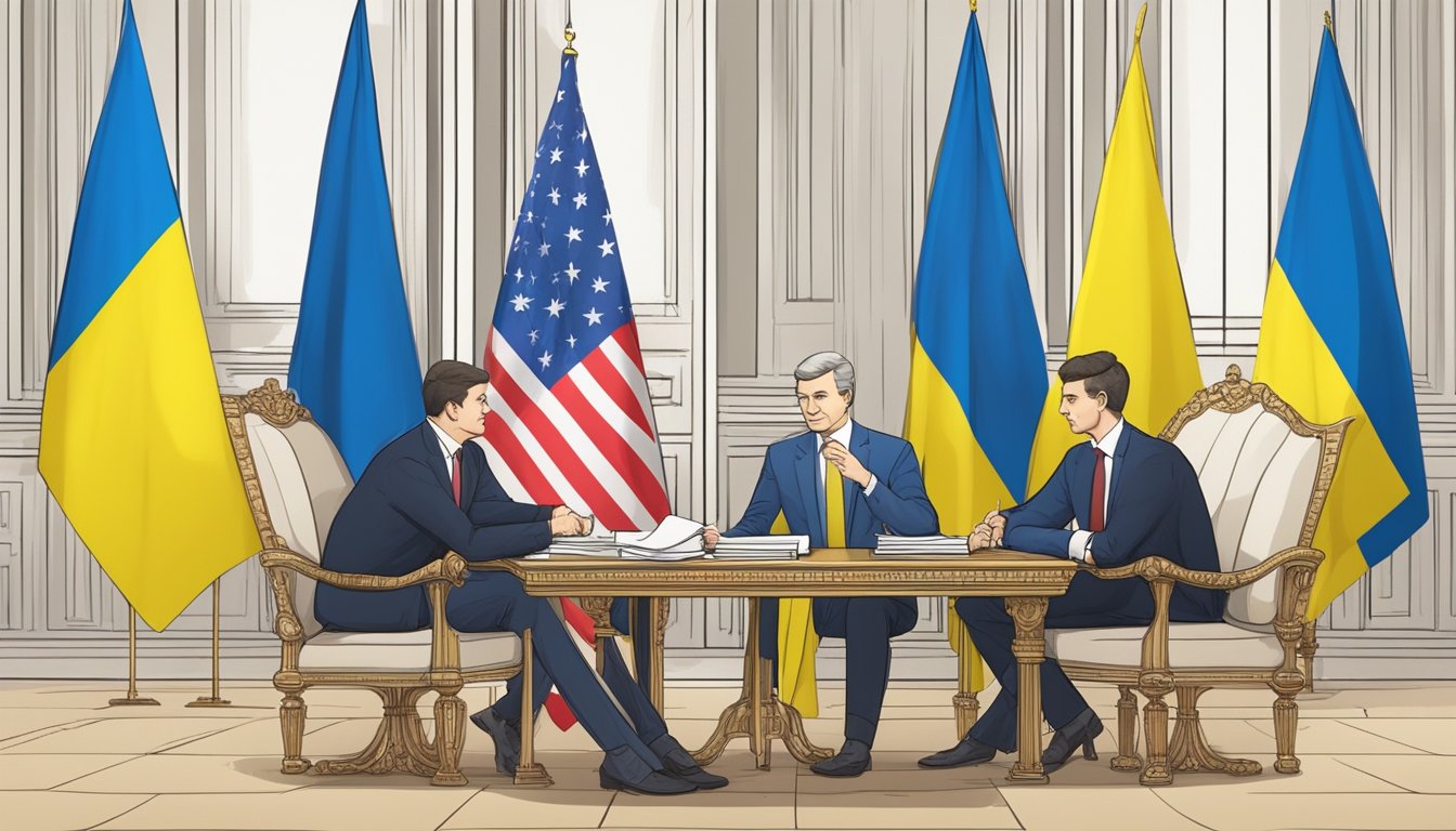 Political discussions and diplomatic negotiations in a formal setting with flags and documents, representing support for Ukraine