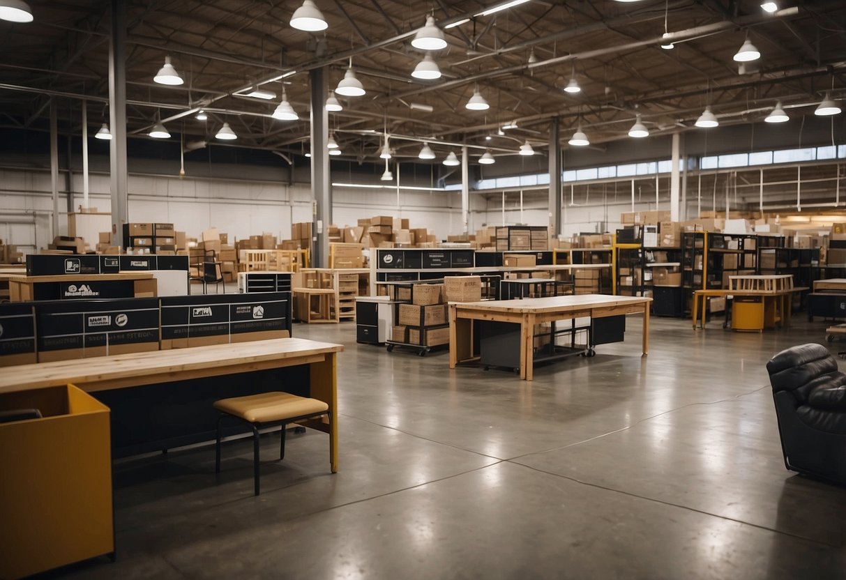 A spacious warehouse with neatly organized furniture displays and signage for "Frequently Asked Questions" at a depot furniture store