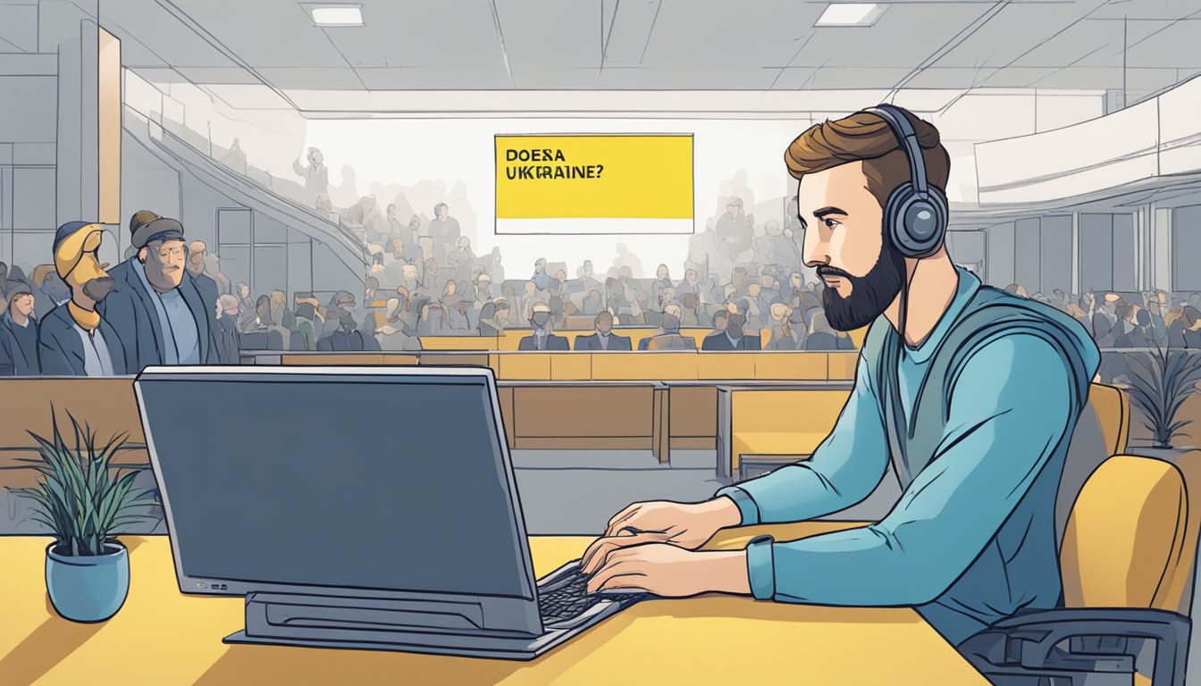 The scene depicts a computer screen displaying the question "Does Arena support Ukraine?" with a thoughtful expression on a person's face