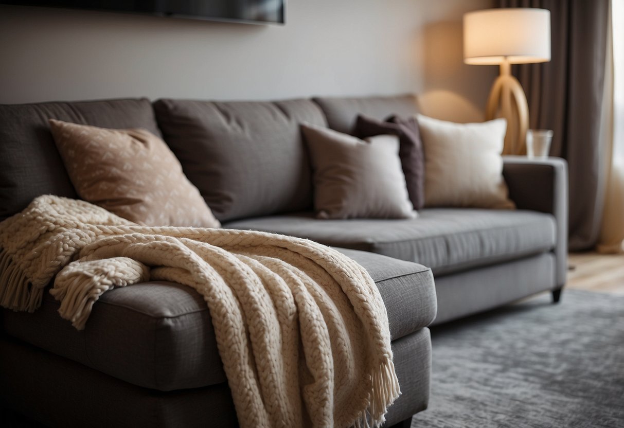A cozy living room with a stylish SB Furniture sofa bed as the focal point, surrounded by soft throw pillows and a warm throw blanket