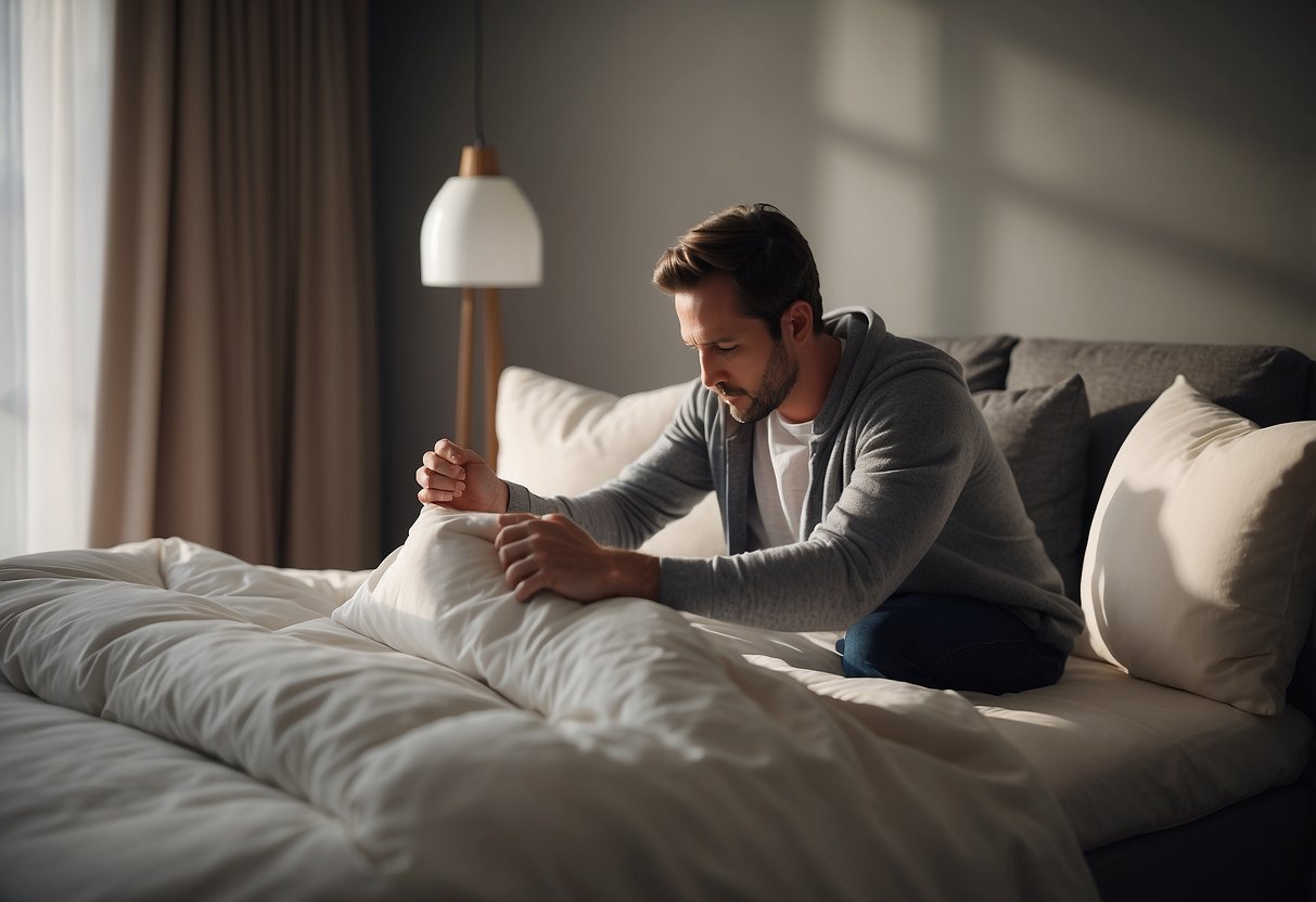 A person unfolds and fluffs the sb furniture sofa bed, tucking in the sheets and arranging the pillows for a cozy and inviting look