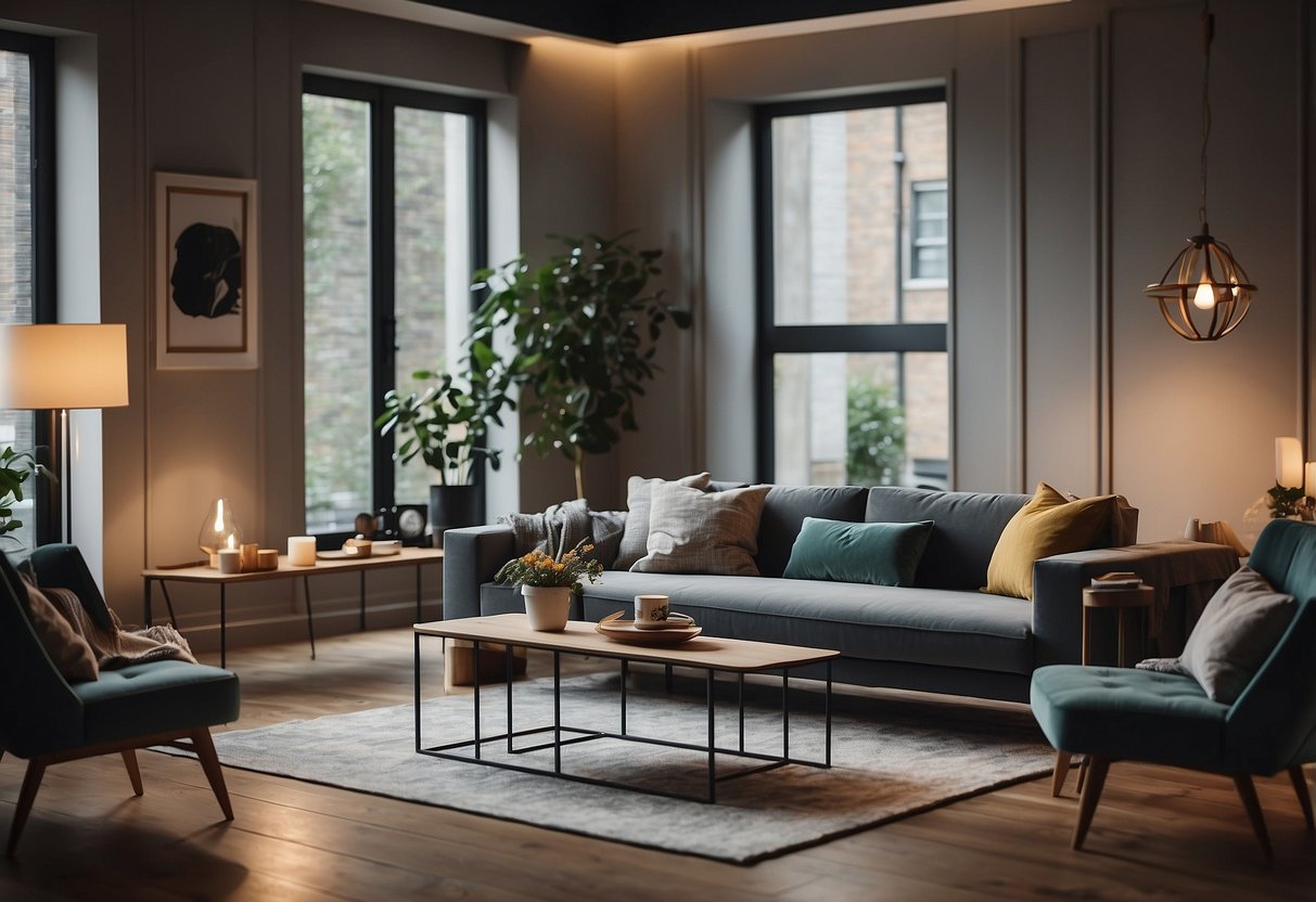 A cozy living room with a sleek SB Furniture sofa bed as the focal point, surrounded by modern decor and soft lighting