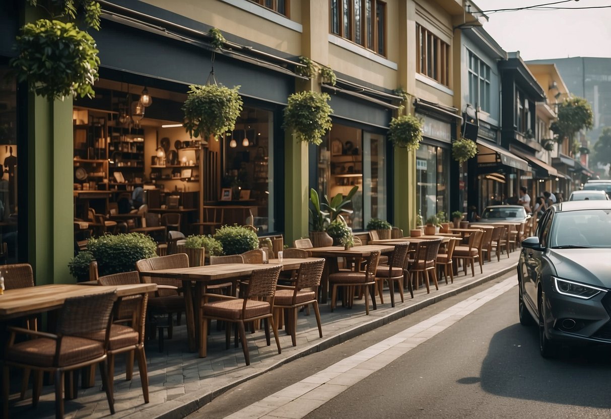A busy street with modern furniture stores in Soho, Bandung