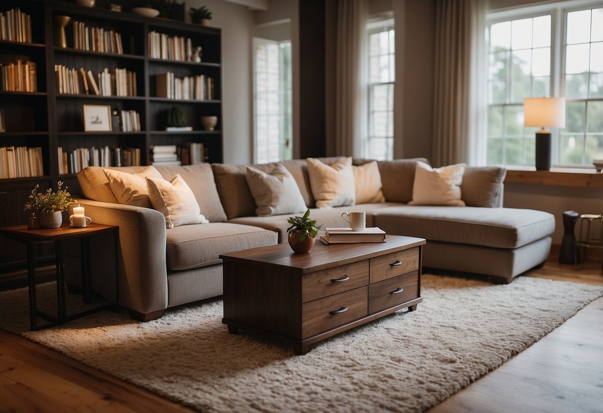 A cozy living room with Sheehan furniture, featuring a comfortable sofa, stylish coffee table, and elegant bookshelves. Warm lighting and a plush rug complete the inviting atmosphere