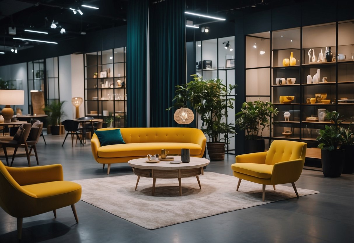 People browsing modern furniture in Soho stores, Bandung. Brightly lit showroom with sleek designs and vibrant colors