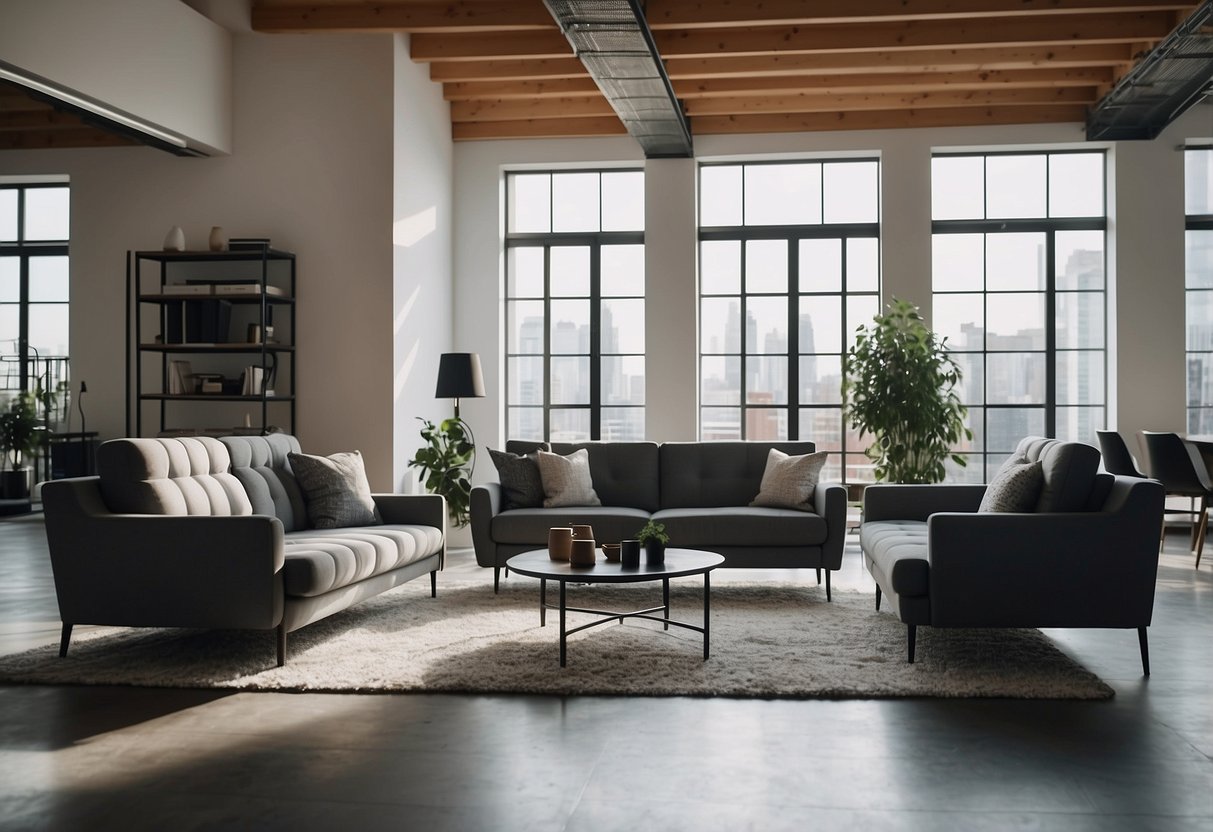 A modern, spacious loft with sleek furniture and stylish decor. Clean lines and minimalistic design create a sophisticated and inviting atmosphere