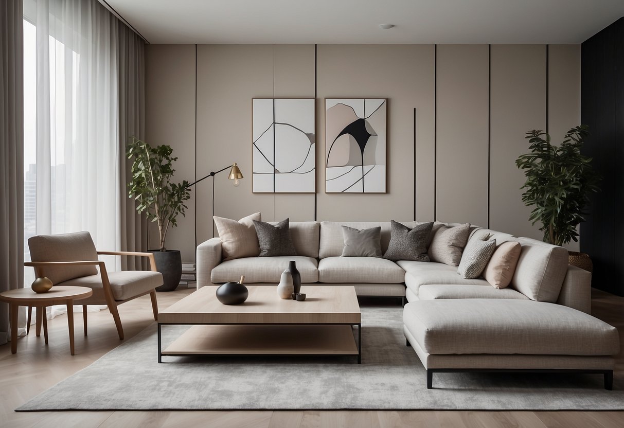 A modern living room with sleek furniture, clean lines, and minimalist design. A neutral color palette with pops of bold accents