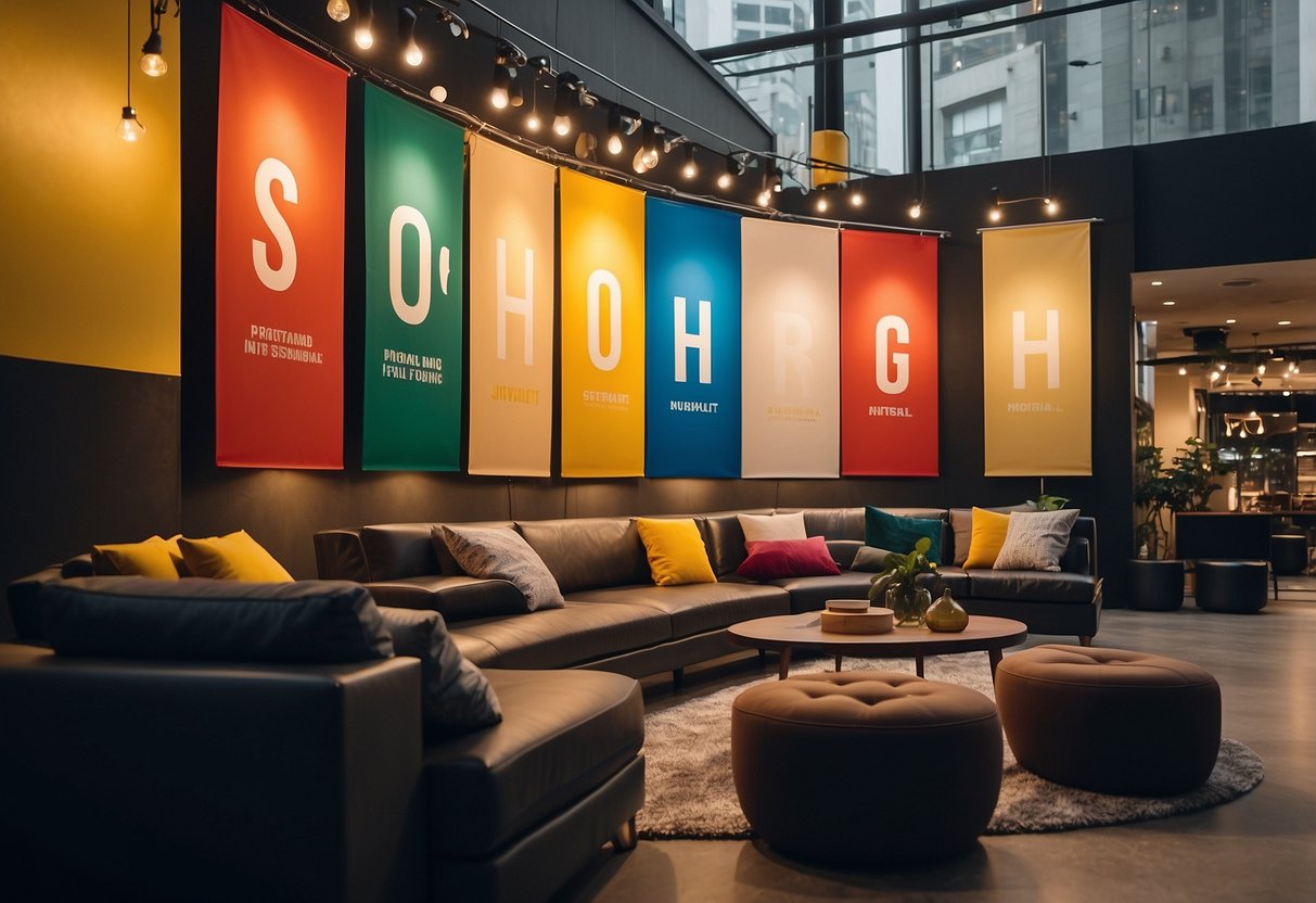 A colorful banner hangs above a display of stylish furniture. Bright signs advertise promotions and savings at Soho Furniture in Bandung