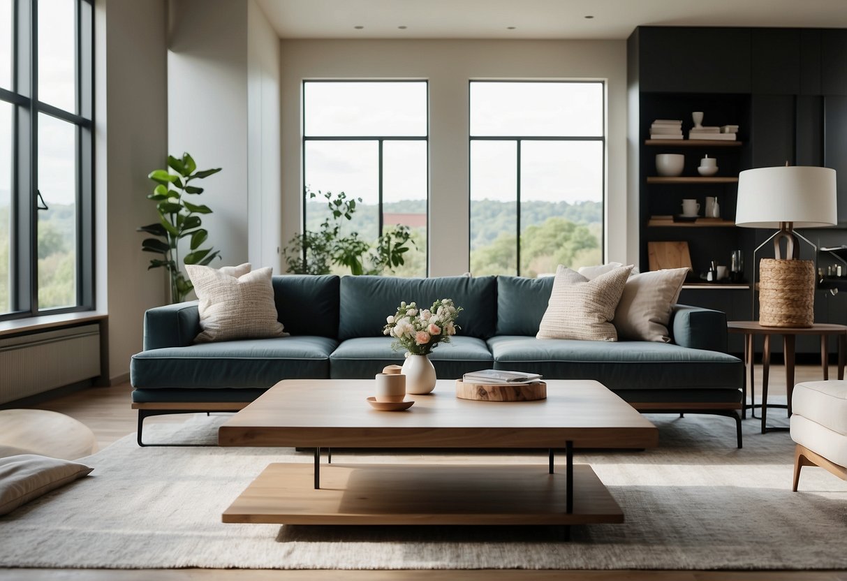 A modern living room with sleek furniture, clean lines, and minimalistic design. The room is bathed in natural light, with a neutral color palette and a sense of spaciousness