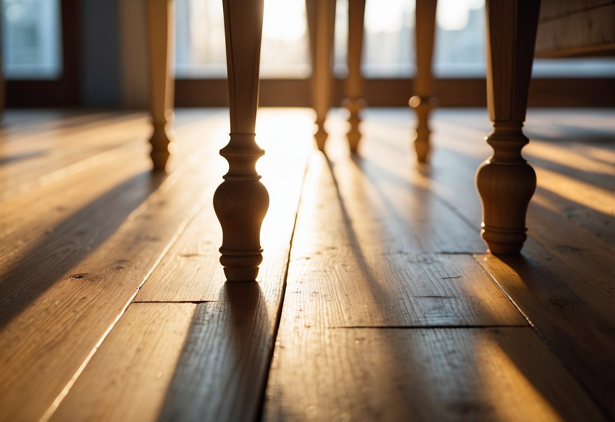 Four square furniture legs stand evenly on a hardwood floor, casting shadows in the warm afternoon light