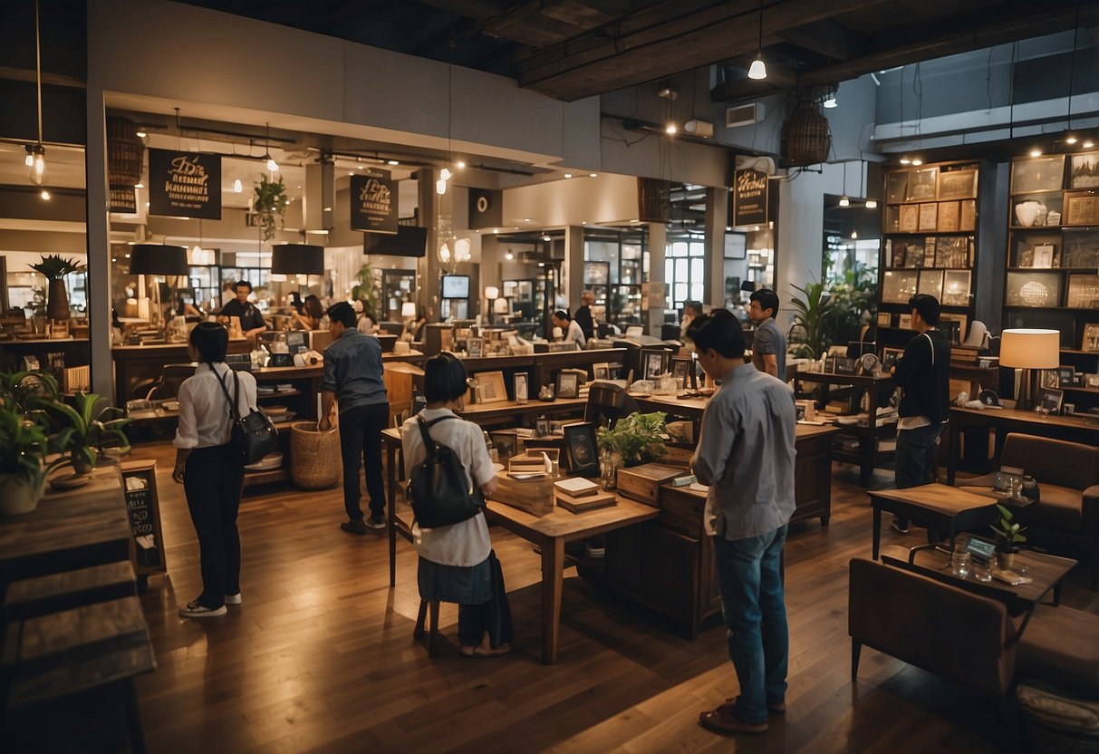A bustling furniture store in Soho, Bandung. Customers browsing through various pieces, while staff assist and answer questions. Displayed signs indicate "Frequently Asked Questions."