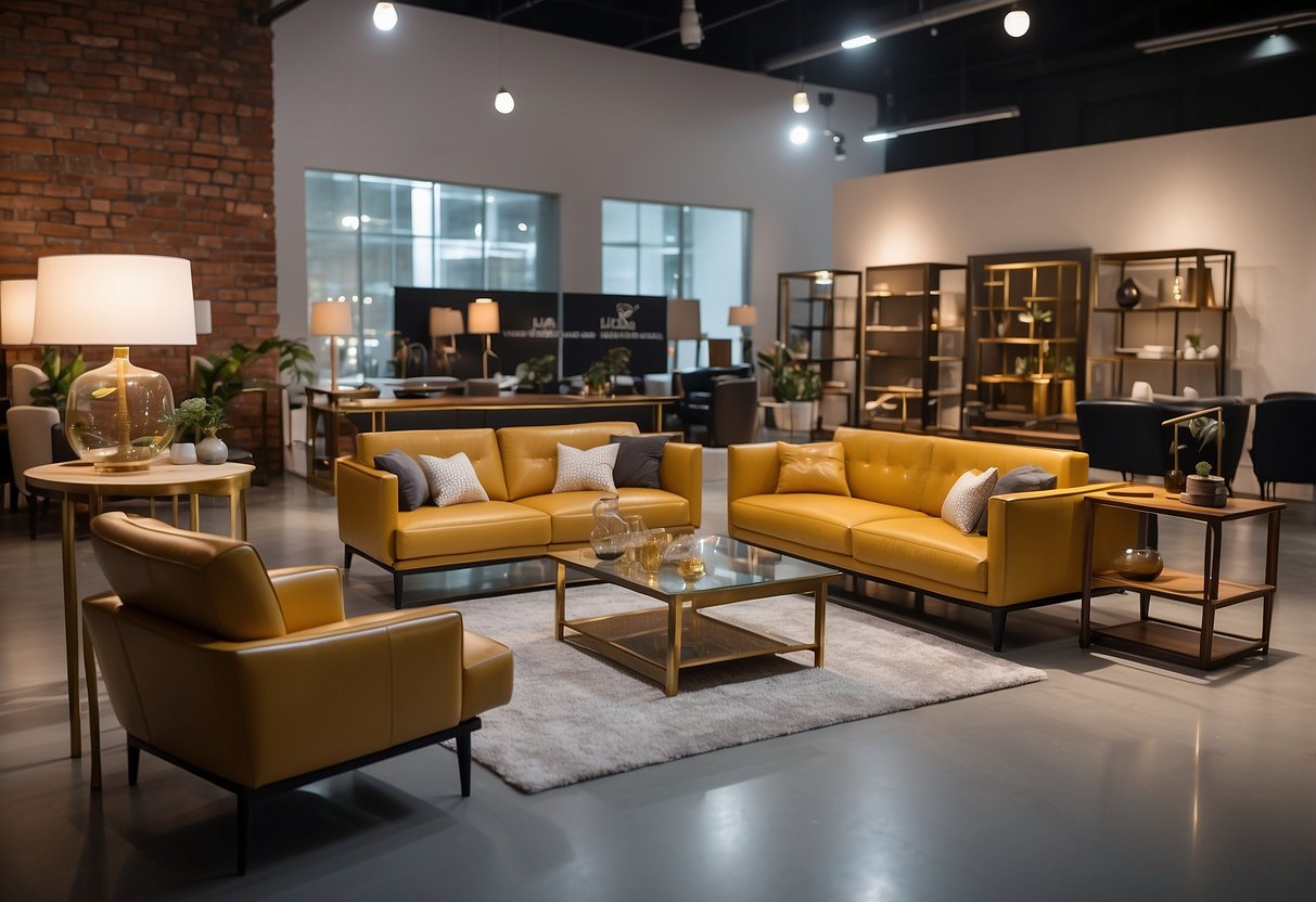 A spacious showroom displaying a variety of modern and stylish furniture pieces, accompanied by a sign showcasing the services offered by Loft Furniture Design Pvt Ltd