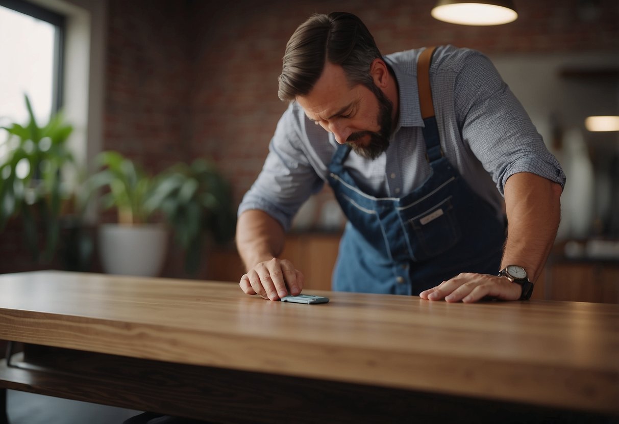 A customer carefully measures and inspects a new piece of furniture before gently cleaning and polishing it with a soft cloth