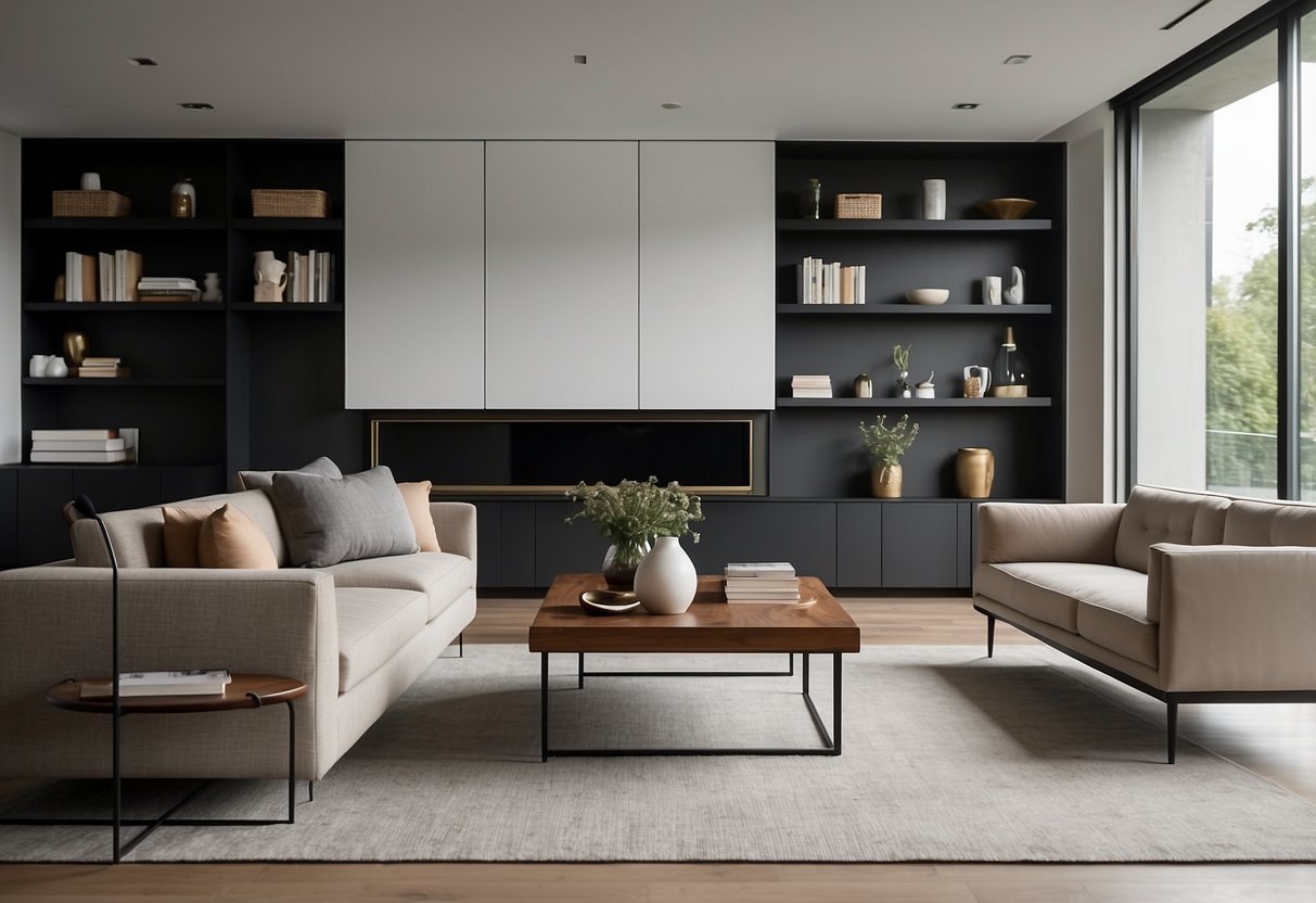 A modern living room with minimalist furniture, including a sleek sofa, coffee table, and bookshelf. Clean lines and neutral colors create a contemporary and inviting space