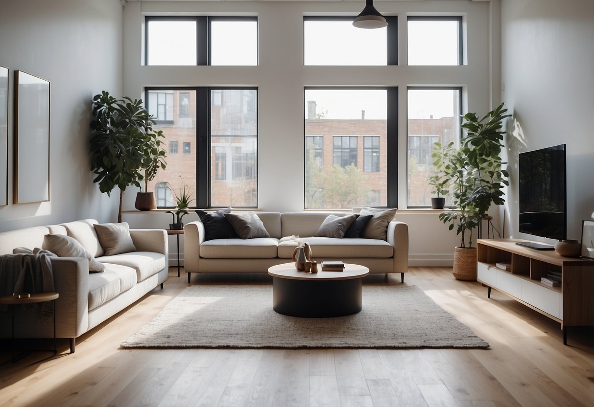 A modern, minimalist loft space with sleek furniture and clean lines. White walls and large windows provide ample natural light