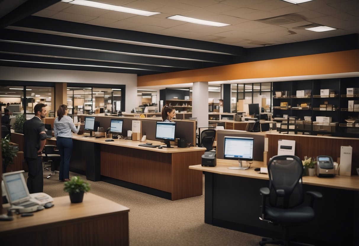 A busy office with customers asking questions at a Sheehan Furniture store. Shelves with products, a reception desk, and employees assisting customers